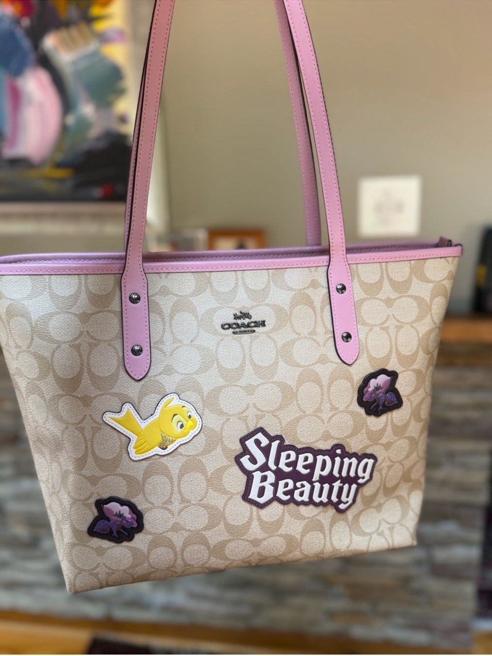Coach Beige Signature Canvas Tote with Pink Trim and Character Patches